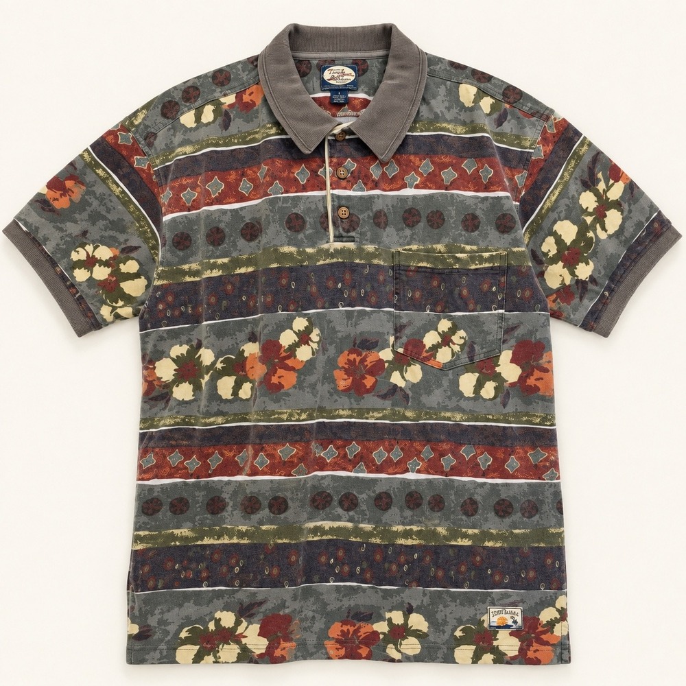 Vintage Tommy Bahama Mens M Floral Stripe Cotton Polo Hong Kong 90s